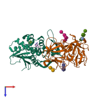 PDB entry 1tfm coloured by chain, top view.