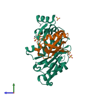 PDB entry 1tgz coloured by chain, side view.