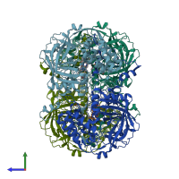 PDB entry 1th3 coloured by chain, side view.