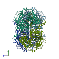 PDB entry 1th4 coloured by chain, side view.