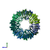 PDB entry 1th7 coloured by chain, side view.