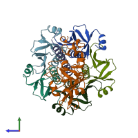 PDB entry 1tii coloured by chain, side view.