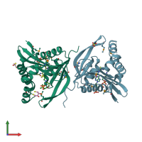 PDB entry 1tiq coloured by chain, front view.