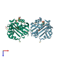 PDB entry 1tiq coloured by chain, top view.