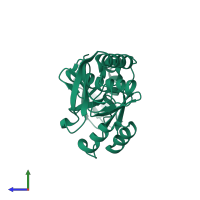 PDB entry 1tje coloured by chain, side view.