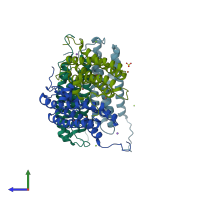 PDB entry 1tjo coloured by chain, side view.
