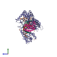 PDB 1tk0 coloured by chain and viewed from the side.