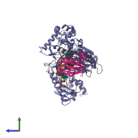 PDB entry 1tk5 coloured by chain, side view.