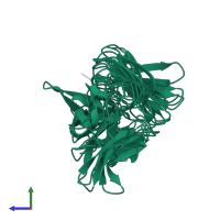 PDB entry 1tk7 coloured by chain, ensemble of 7 models, side view.