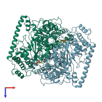 PDB entry 1tkc coloured by chain, top view.