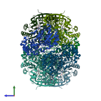 PDB entry 1tkk coloured by chain, side view.