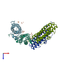 PDB entry 1tkp coloured by chain, top view.