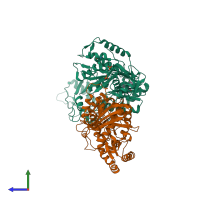 PDB entry 1tkz coloured by chain, side view.