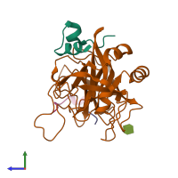 PDB entry 1tmt coloured by chain, side view.