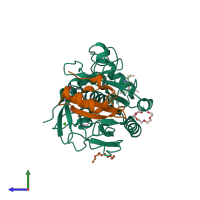 PDB entry 1to1 coloured by chain, side view.