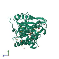 PDB entry 1to3 coloured by chain, side view.