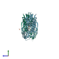 PDB entry 1to6 coloured by chain, side view.