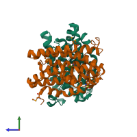 PDB entry 1to9 coloured by chain, side view.