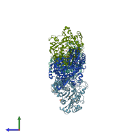 PDB entry 1tp7 coloured by chain, side view.