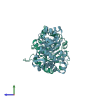 PDB entry 1tpd coloured by chain, side view.