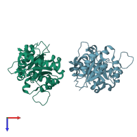 PDB entry 1tpd coloured by chain, top view.