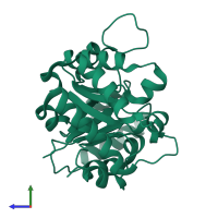 PDB entry 1tpe coloured by chain, side view.
