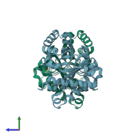 PDB entry 1tpf coloured by chain, side view.