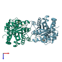 PDB entry 1tpf coloured by chain, top view.
