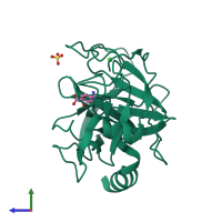 PDB entry 1tpp coloured by chain, side view.