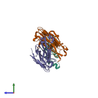PDB entry 1tqc coloured by chain, side view.