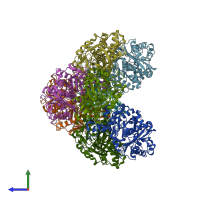 PDB entry 1tqy coloured by chain, side view.