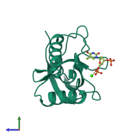 PDB entry 1tr5 coloured by chain, side view.