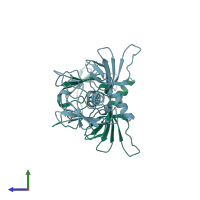 PDB entry 1ts5 coloured by chain, side view.