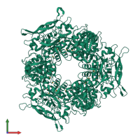 Homo hexameric assembly 1 of PDB entry 1tt7 coloured by chemically distinct molecules, front view.