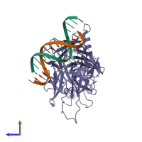 PDB entry 1ttu coloured by chain, side view.