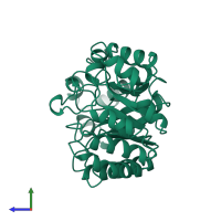 Monomeric assembly 1 of PDB entry 1tux coloured by chemically distinct molecules, side view.