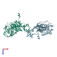 PDB entry 1tvf coloured by chain, top view.