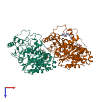 PDB entry 1tvk coloured by chain, top view.