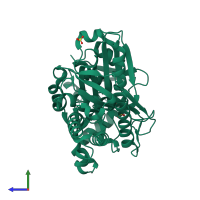 PDB entry 1tvz coloured by chain, side view.