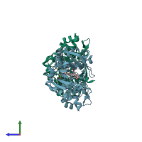 PDB entry 1tw2 coloured by chain, side view.