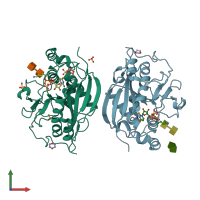 PDB entry 1tw5 coloured by chain, front view.