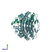 PDB entry 1txn coloured by chain, side view.