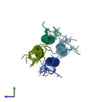 PDB entry 1txp coloured by chain, ensemble of 20 models, side view.