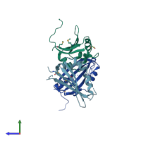 PDB entry 1tz0 coloured by chain, side view.