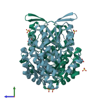 PDB entry 1tzc coloured by chain, side view.
