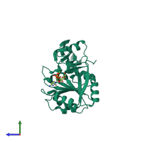 PDB entry 1tzf coloured by chain, side view.