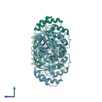 PDB entry 1tzz coloured by chain, side view.