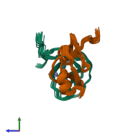 PDB entry 1u5s coloured by chain, ensemble of 18 models, side view.