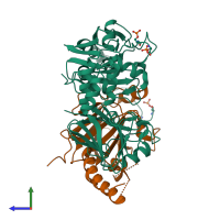 Hetero trimeric assembly 1 of PDB entry 1u7f coloured by chemically distinct molecules, side view.