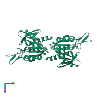 Homo dimeric assembly 1 of PDB entry 1u7u coloured by chemically distinct molecules, top view.